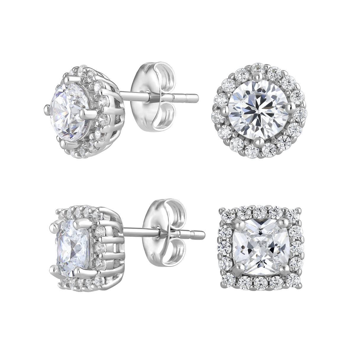 2pr. Halo Square Round Stud Earrings Set
