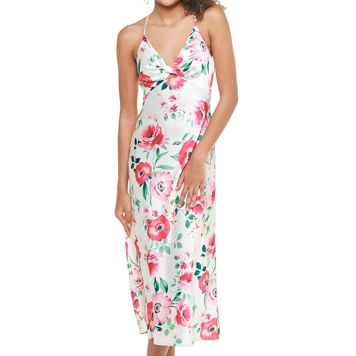 Juniors Emerald Sundae Floral Satin Twist Front Midi A-Line Dress