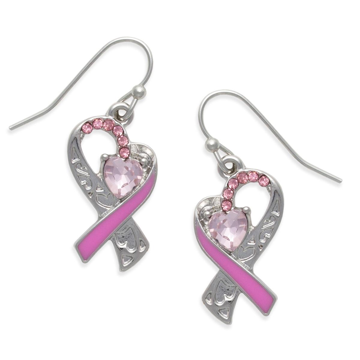 Breast Cancer Awareness Ribbon Heart Scroll Filigree Earrings