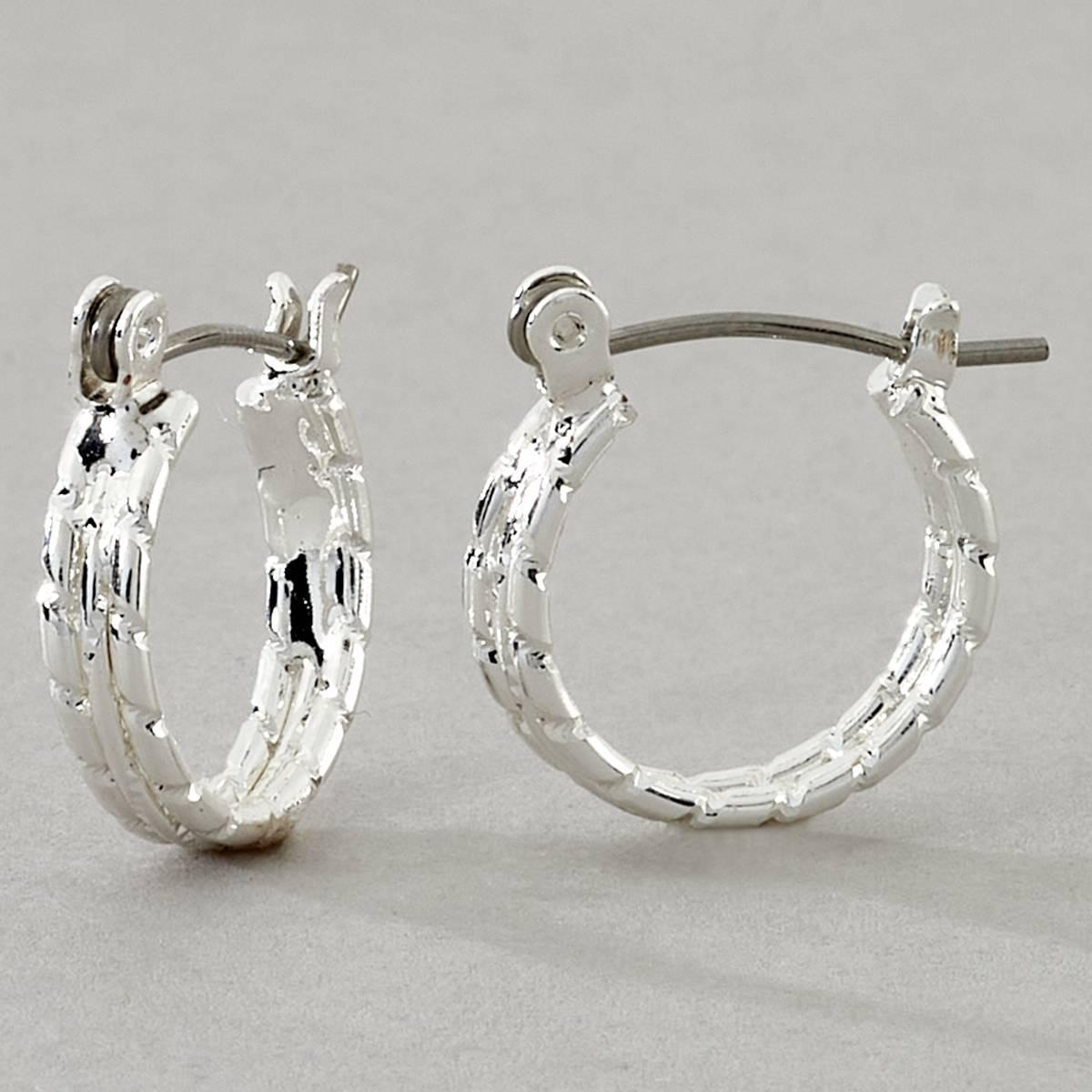 Design Collection Silver Tri-Textured Polished Hoop Earrings