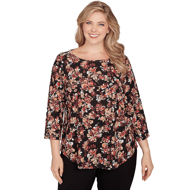 Plus Size Emaline Key Items 3/4 Sleeve Floral Boat Neck Blouse