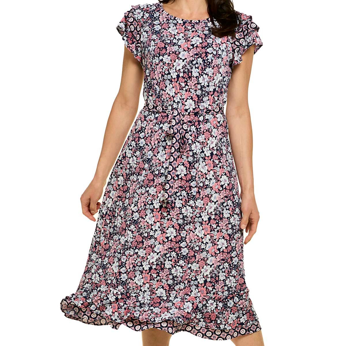 Womens Perceptions Short Sleeve Belted Floral Midi Dress