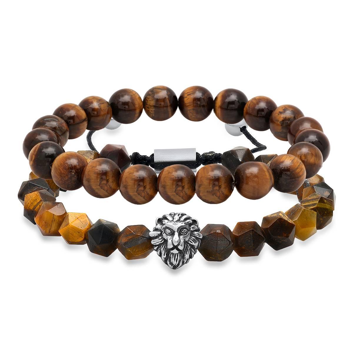 Mens Steeltime Stainless Steel Lion and Tiger Eye Bracelet Set