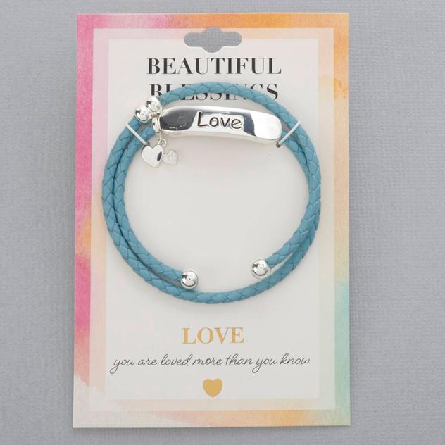 Beautiful Blessings Engraved Love Turquoise Leather Coil Bracelet
