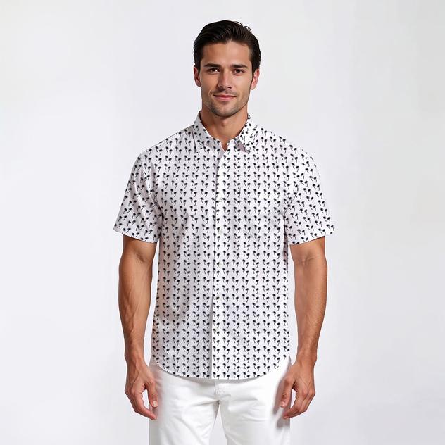 Mens Visitor Mini Navy Palm Trees Short Sleeve Button Down Shirt
