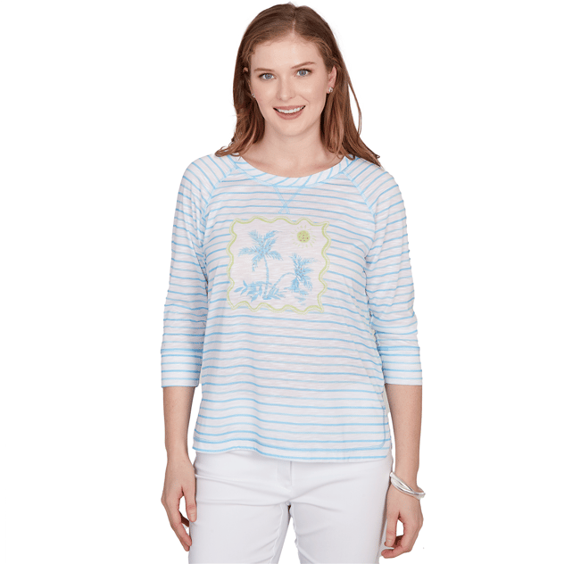Petite Hearts of Palm Aqua Fresh 3/4 Sleeve Palm Tree Tee
