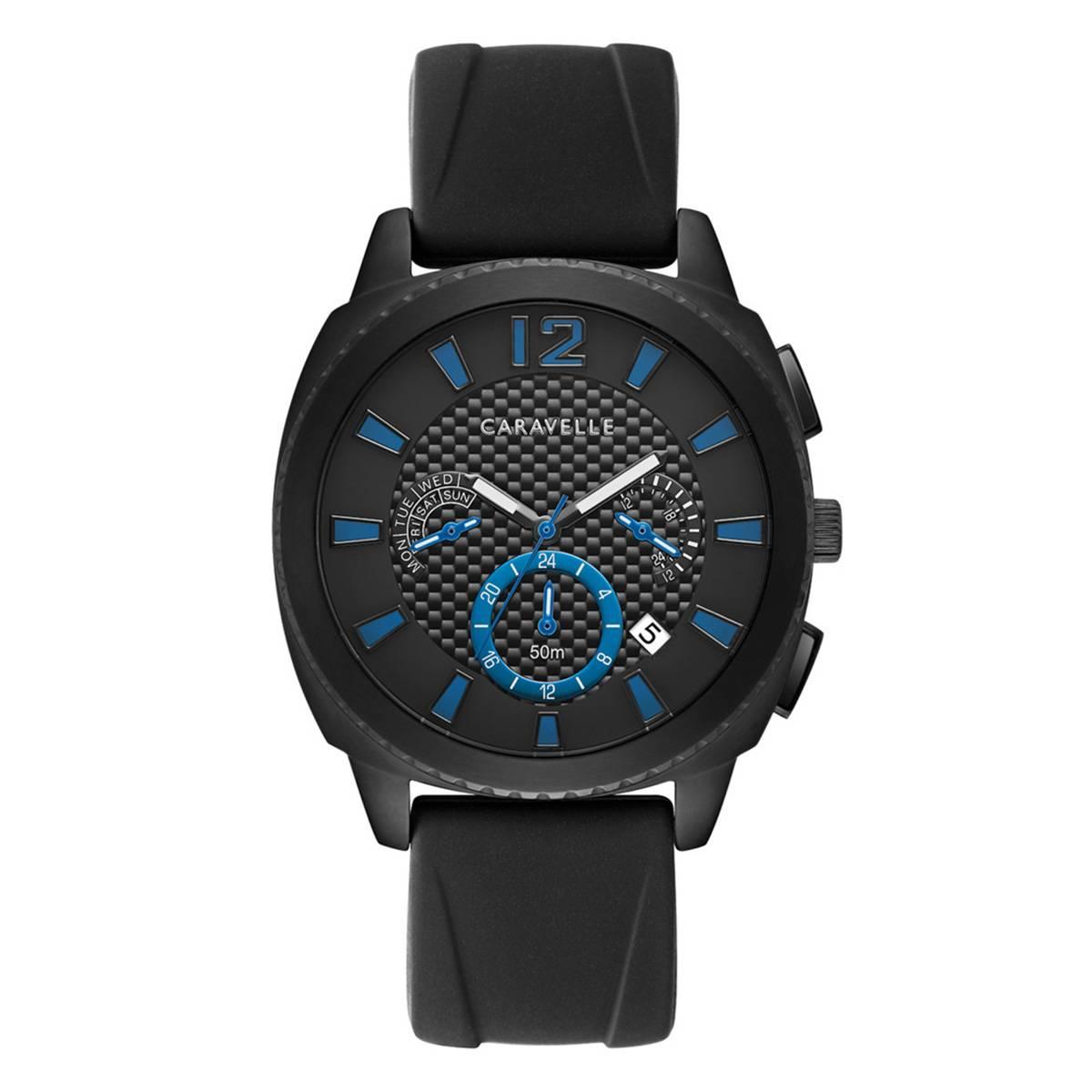 Mens Caravelle Black Dial Silicone Strap Watch - 45B159