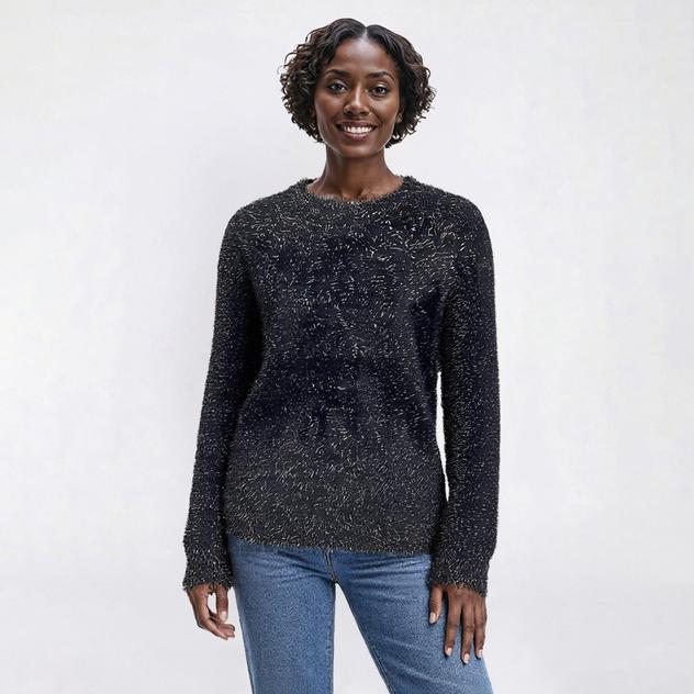 Womens Nicole Miller Long Sleeve Crew Neck Fuzzy Gold Sweater