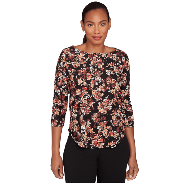 Petite Emaline Key Items 3/4 Sleeve Floral Boat Neck Blouse
