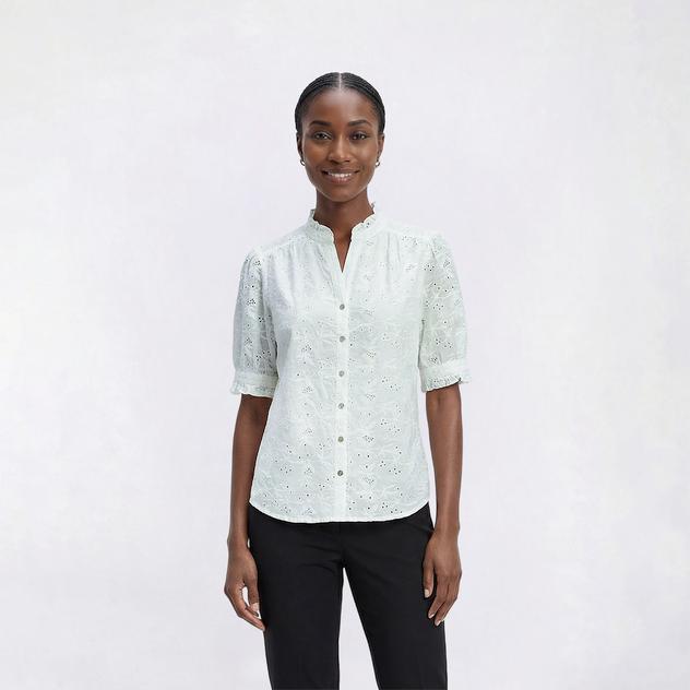 Womens Nicole Miller Elbow Sleeve Button Front Eyelet Blouse