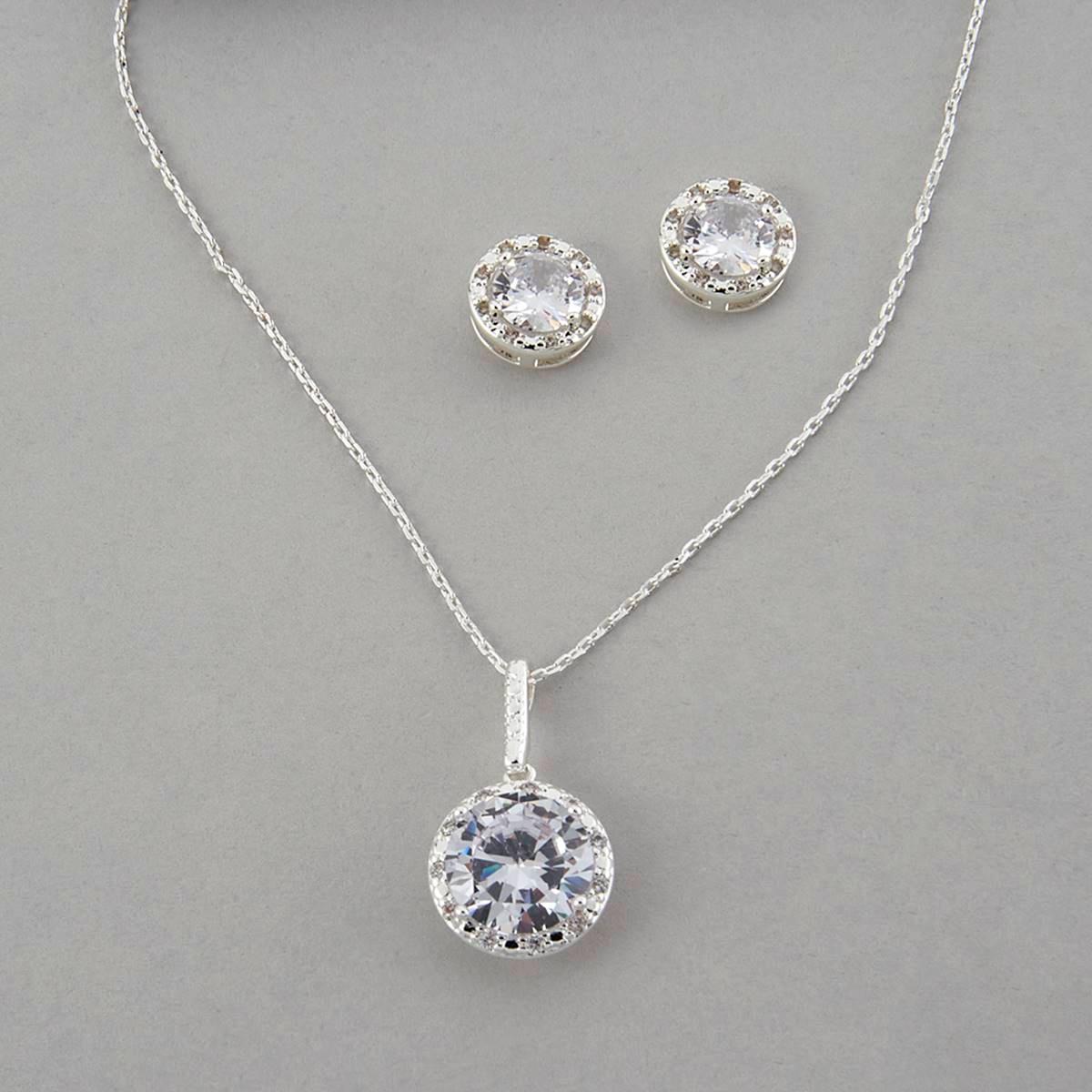 Design Collection Silver-Tone CZ Pendant & Earrings Set