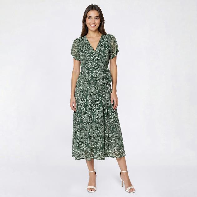 Womens Luxology Damask Mesh Surplice Neck Faux Wrap Dress