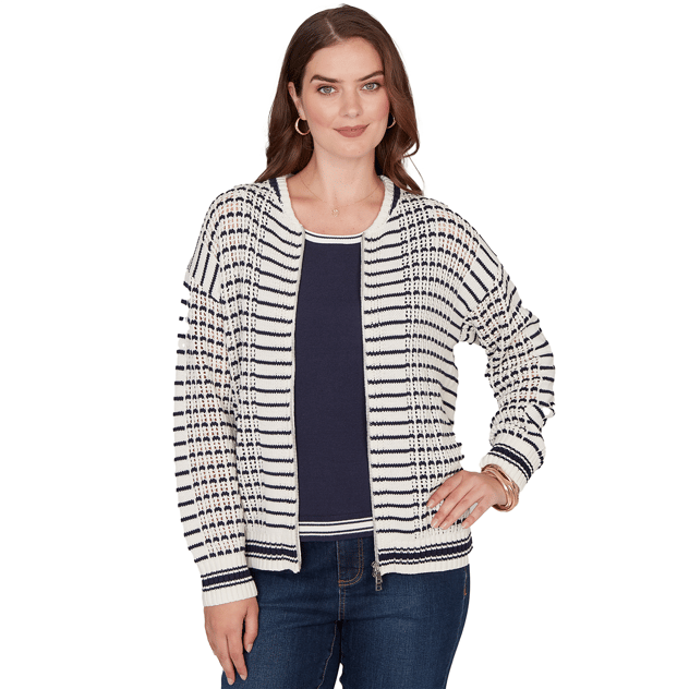 Petite Ruby Rd. Jetsetter Stripe Stitch Knit Bomber Jacket