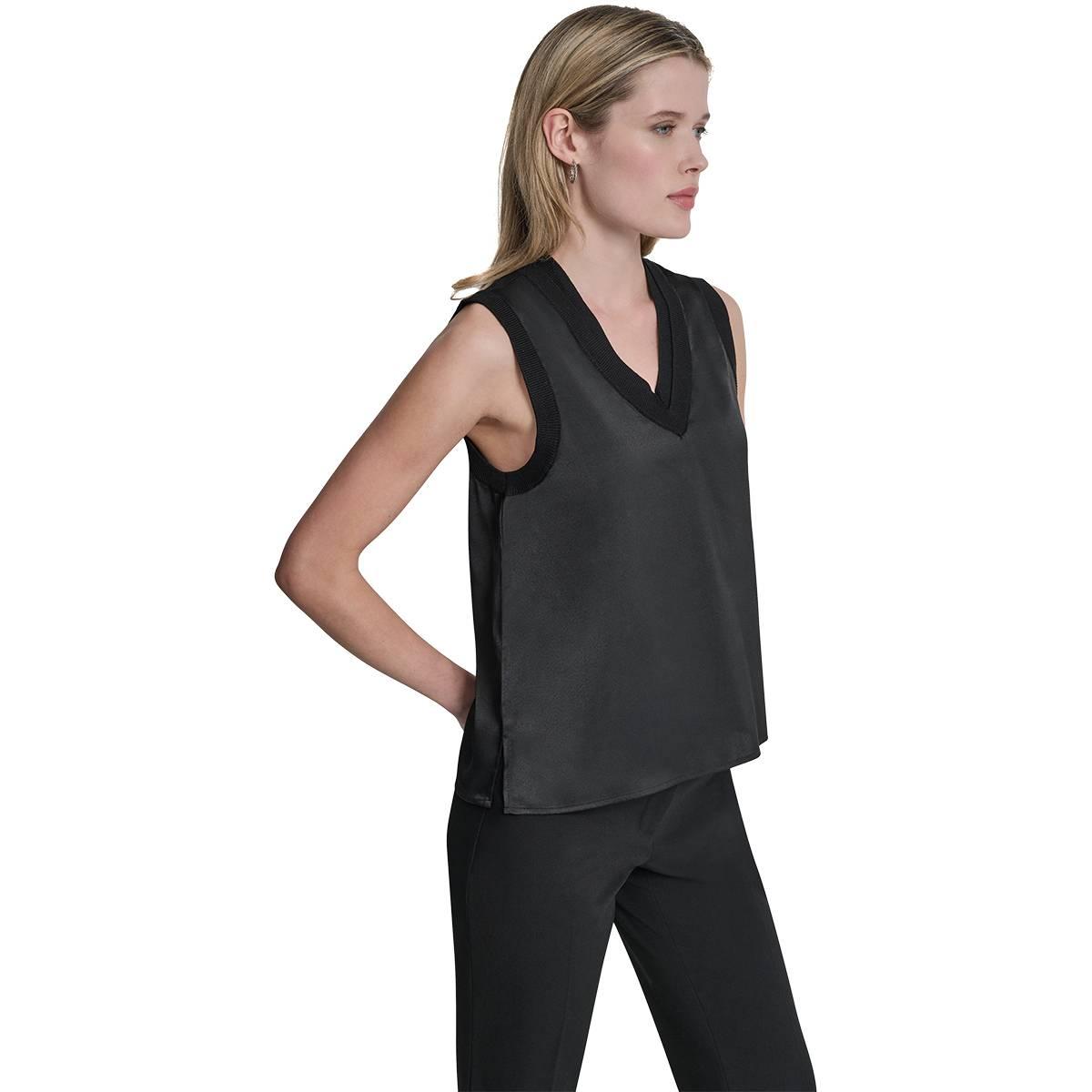 Womens DKNY Ribbed Double V Neck Black Solid Tank Top