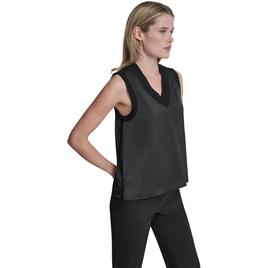 Womens DKNY Ribbed Double V Neck Black Solid Tank Top