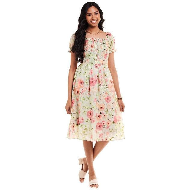 Plus Size Cure Puff Sleeve Smock Bodice Floral Midi Dress