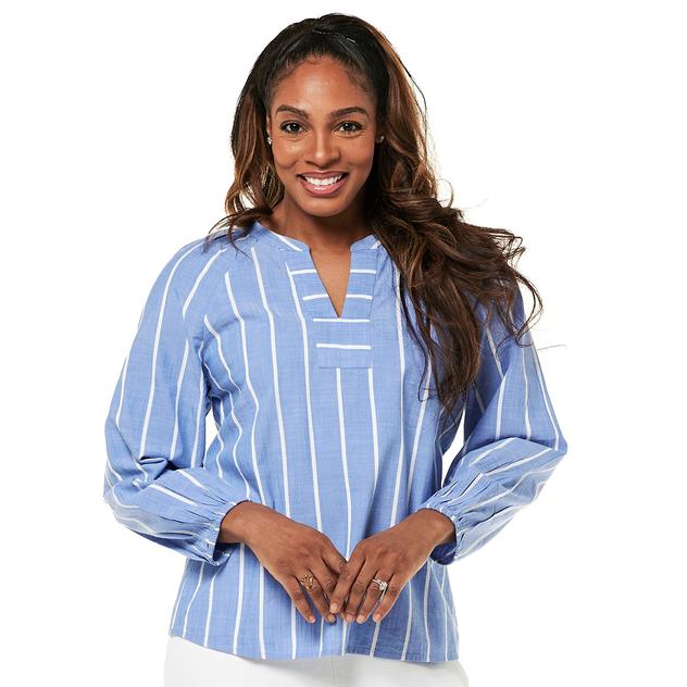 Petite Preswick & Moore® Long Sleeve Stripe Split Neck Blouse