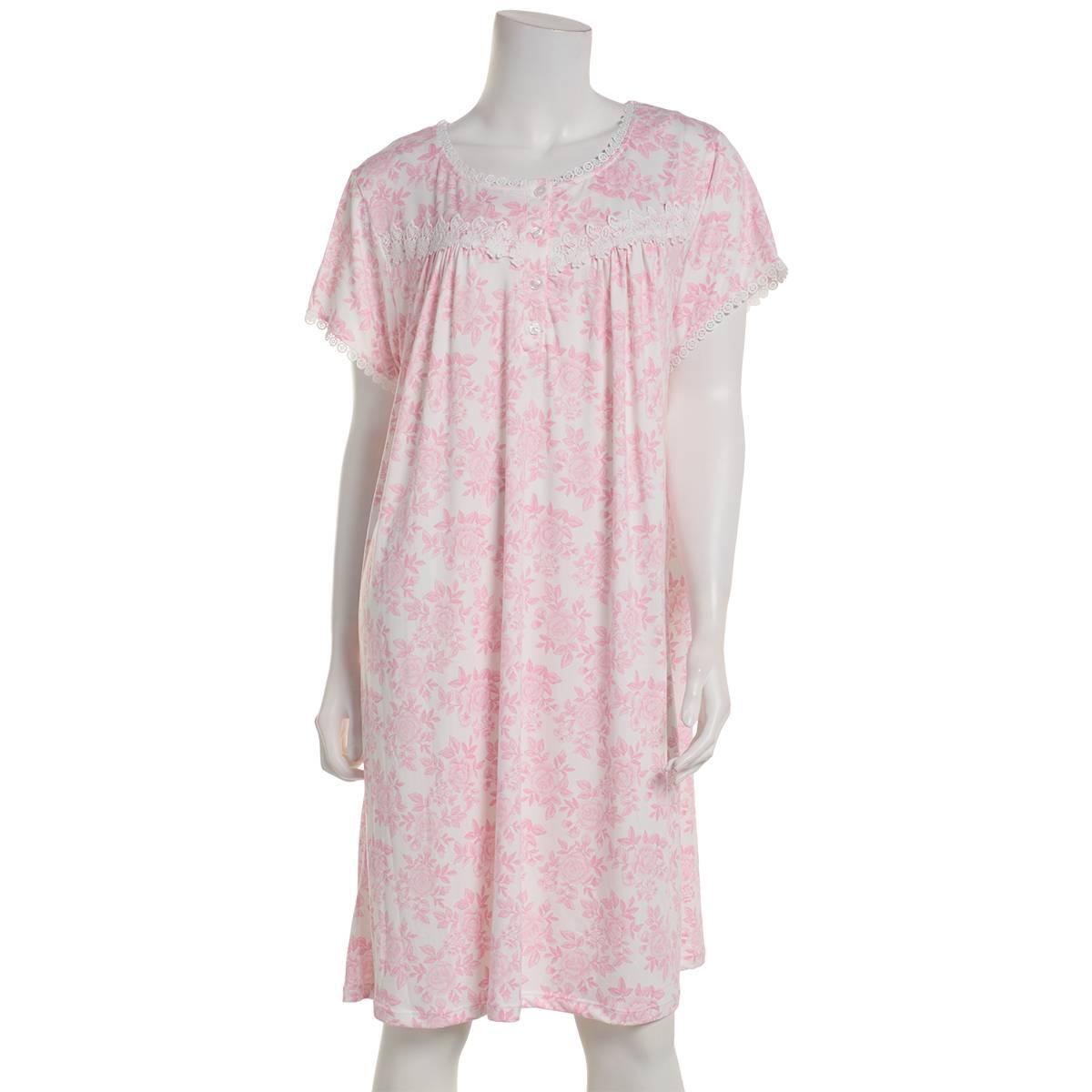 Womens Elegant Dreams Short Sleeve Lace Floral Trim Nightgown