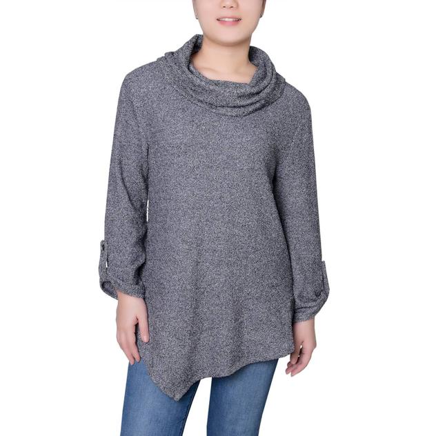 Petite NY Collection 3/4 Roll Tab Sleeve Cowl Neck Sweater
