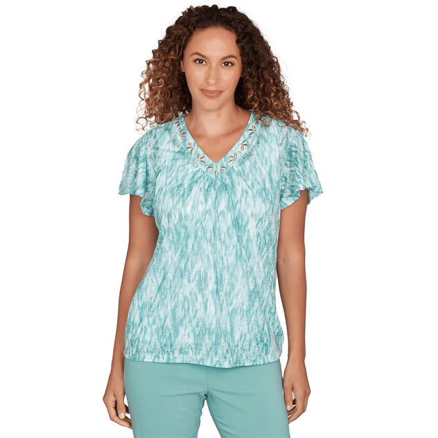 Womens Hearts of Palm Fresh Start V Neck Flutter Sleeve Blouse