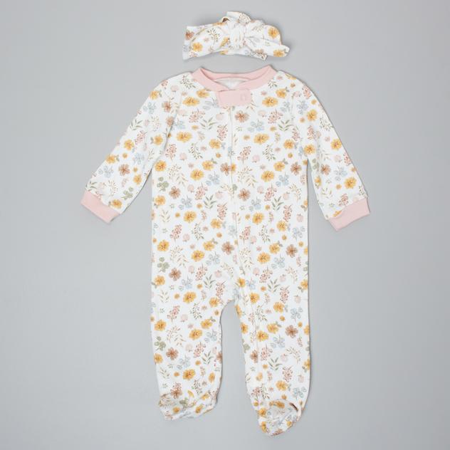 Baby Girl (NB-9M) Chick Pea® 2pc. Floral & Leaf Footie & Headband