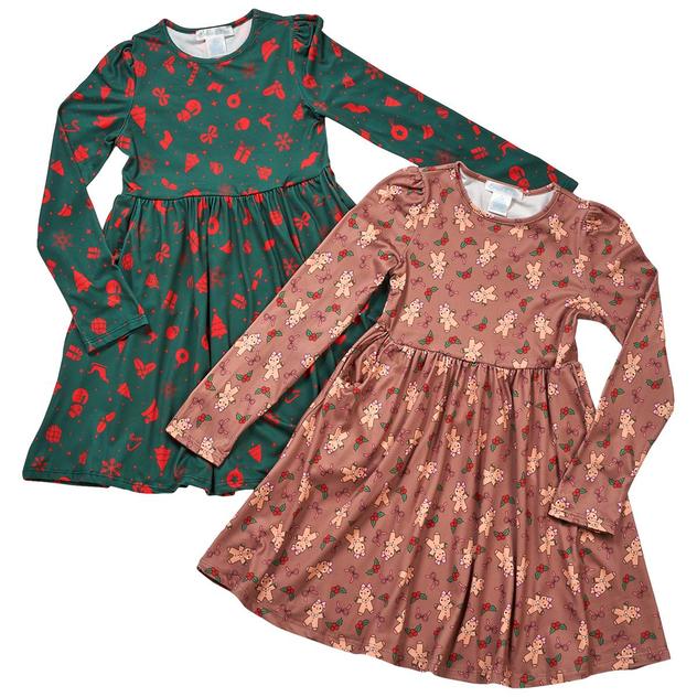 Girls (7-12) Emma & Elsa 2pk. Long Sleeve Christmas Icon Dresses