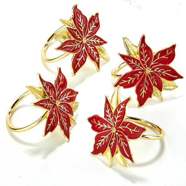 Red Poinsettia Napkin Rings - Set of 4