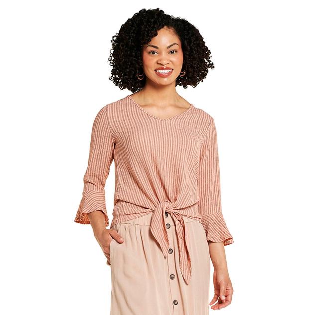 Womens NY Collection Flounce Textured Knit Tie Front Blouse