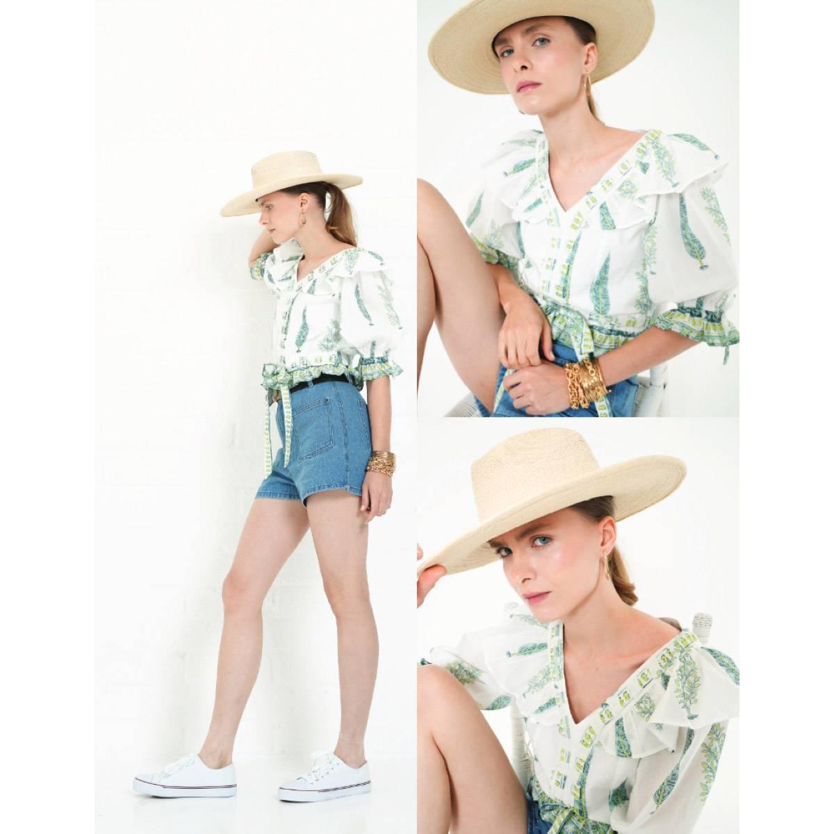 Womens MNK Elbow Sleeve V-Neck Ruffle Blouse