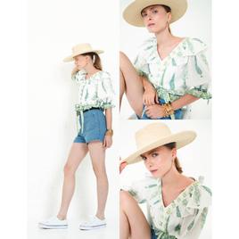 Womens MNK Elbow Sleeve V-Neck Ruffle Blouse