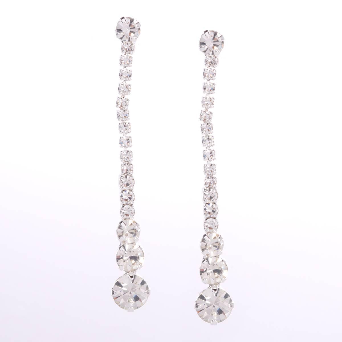 Rosa Rhinestones Silver Plated Skinny Drop Crystal Earrings