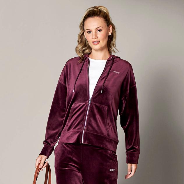 Womens DKNY Sport Velour Full Zip Rhinestone Logo Sweatshirt