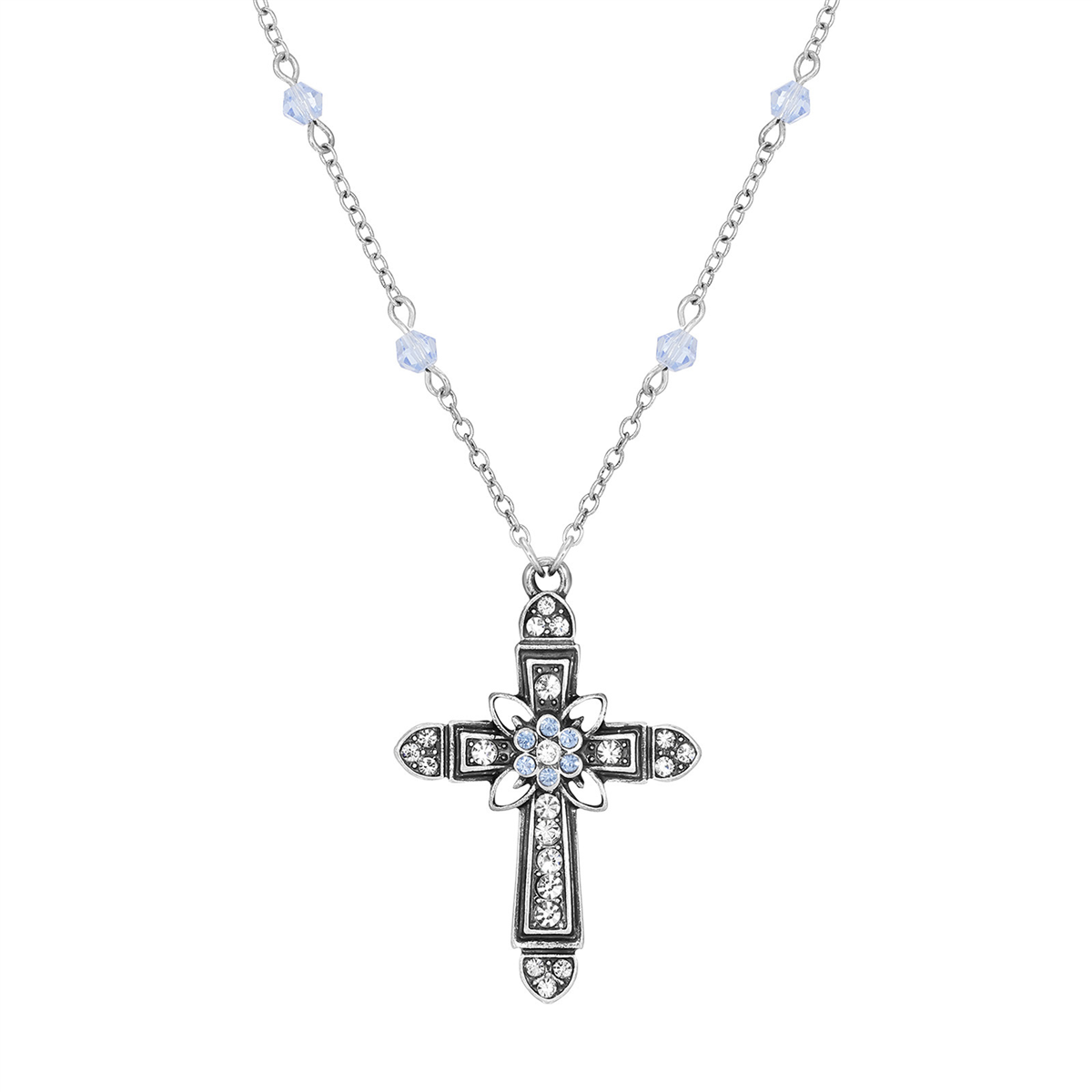 Symbols of Faith Center Flower Crystal Cross Bead Chain Necklace