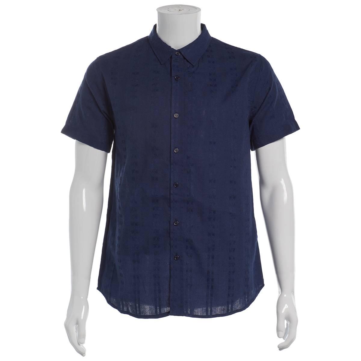 Mens Visitor Textured Cotton Button Down Shirt - Navy