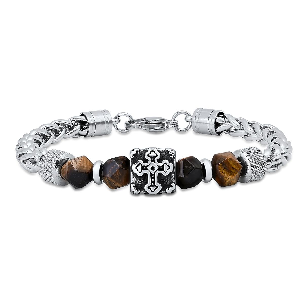 Mens Iron Saints Cross Tigers Eye Bead Chain Bracelet