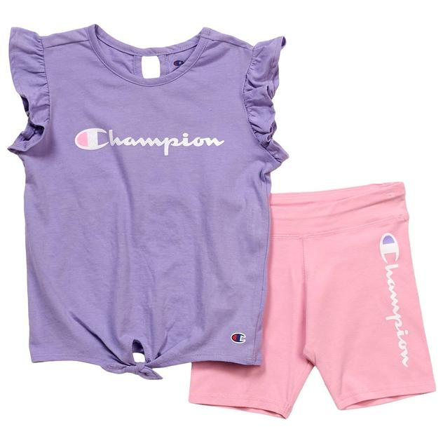 Girls (4-6x) Champion® Ruffle Sleeve Tie Front Tee & Bike Shorts