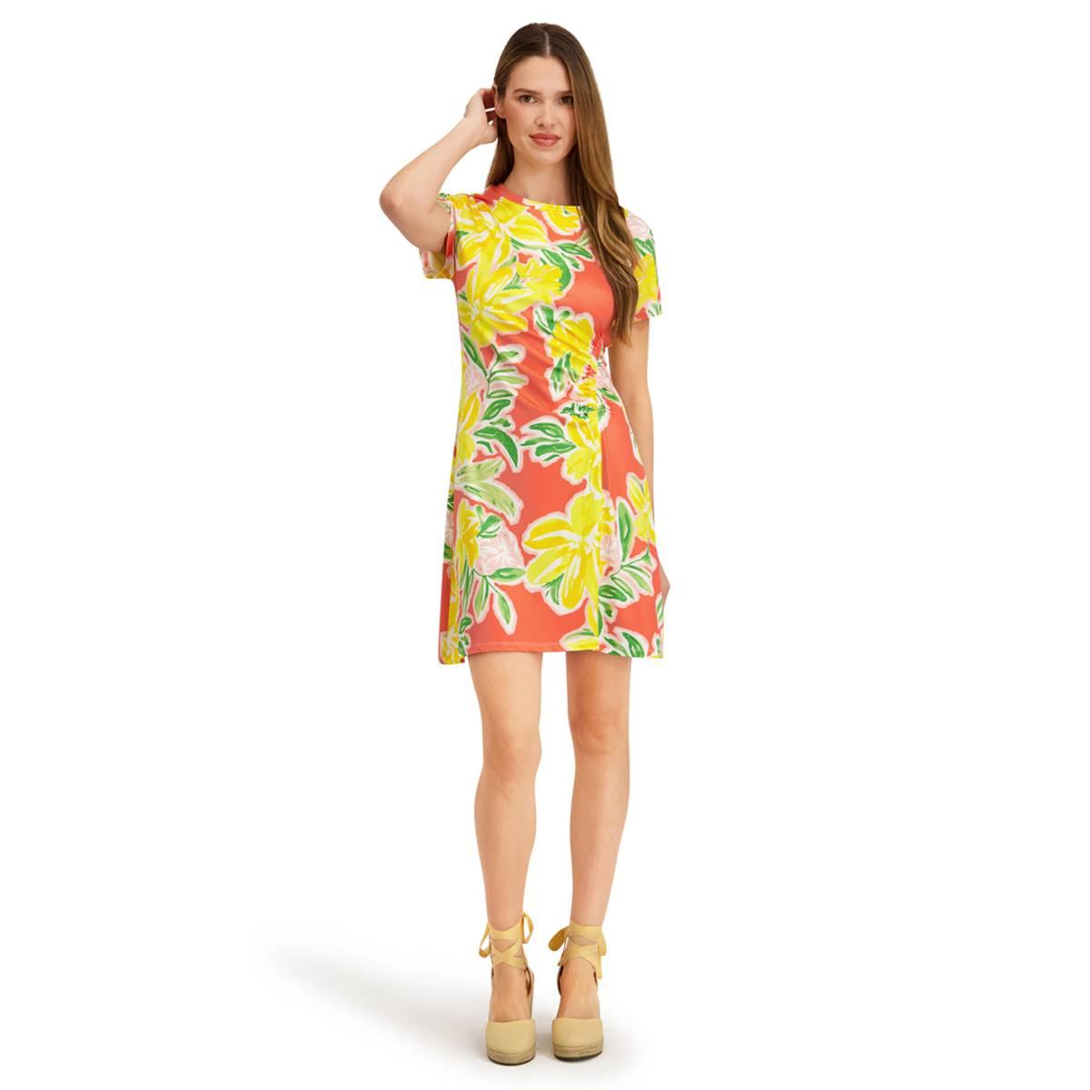 Womens Stella Parker Short Sleeve Tropical Ruch A-Line Dress