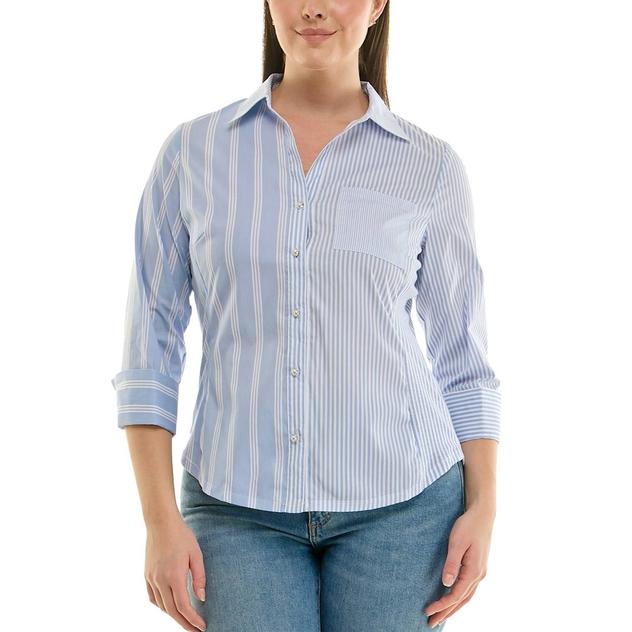 Womens Zac & Rachel 3/4 Sleeve Mixed Stripe Casual Button Down