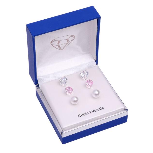 3pr. Silver-Tone CZ Stud Earring Set
