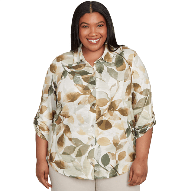 Plus Size Alfred Dunner Copper Canyon Roll Tab Leaf Button Down