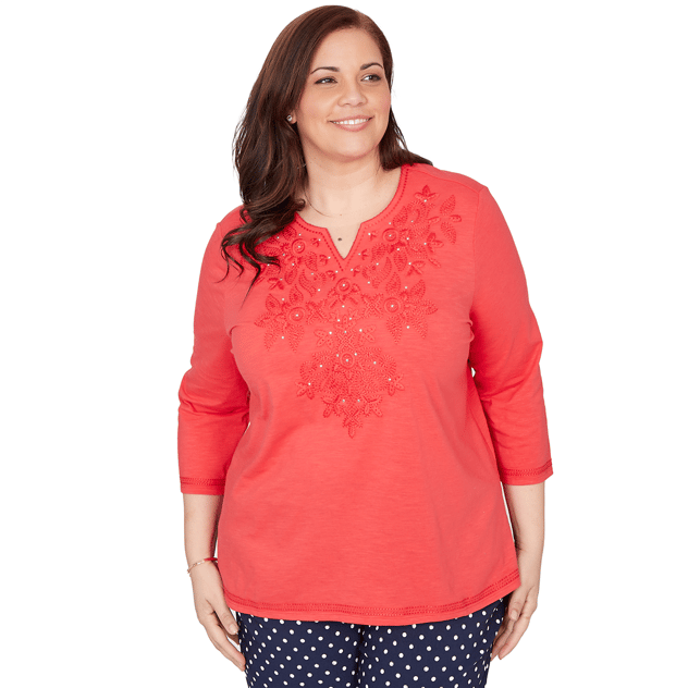 Plus Size Alfred Dunner Port Side 3/4 Sleeve Embroidery Blouse