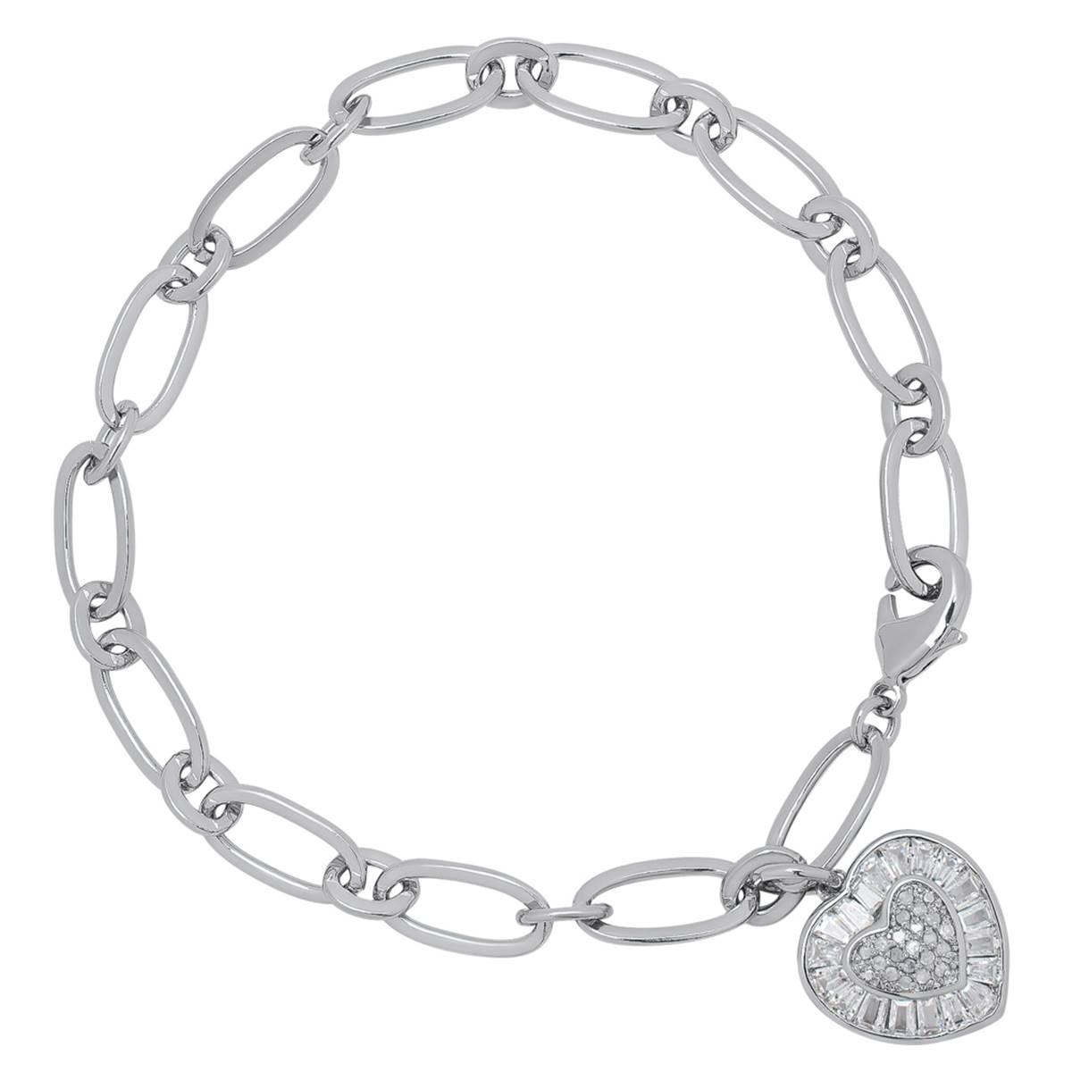 Gianni Argento Silver Plate Diamond Baguette Heart Chain Bracelet