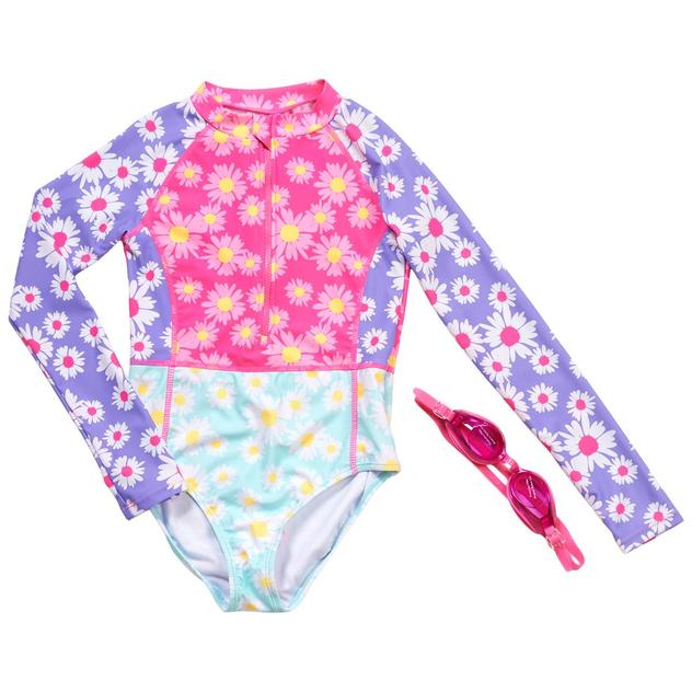 Girls (7-12) Be Magical One Piece Daisy Rashguard w/ Goggles