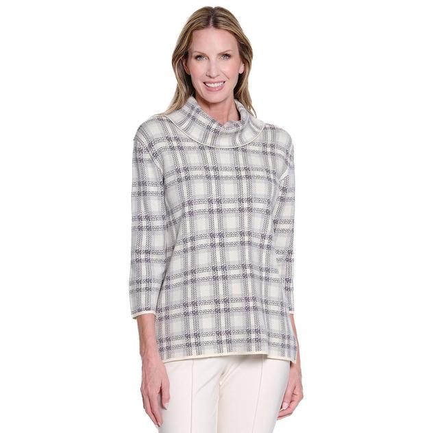 Womens Multiples 3/4 Sleeve Cowl Neck Plaid Sweater