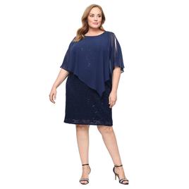 Plus Size SLNY Asymmetric Chiffon Overlay Lace Dress