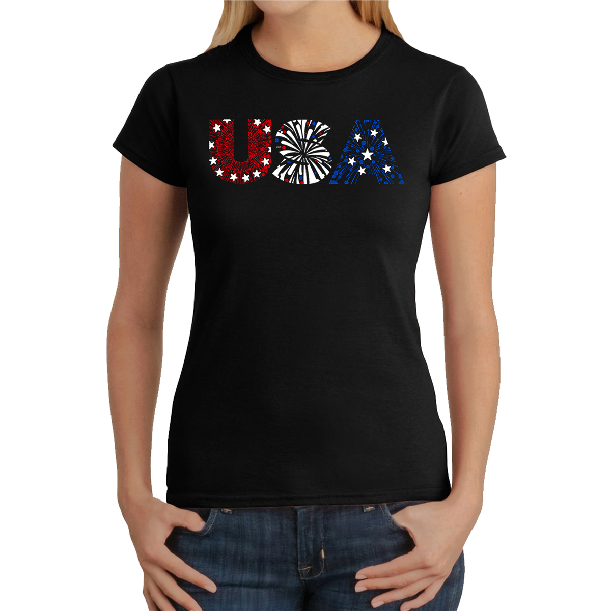 Womens LA Pop Art Usa Fireworks Word Art T-Shirt