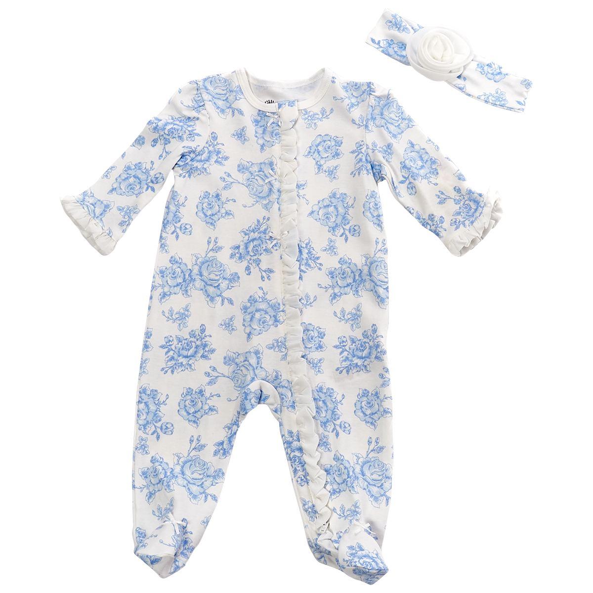 Baby Girl (NB-9M) Little Me Blue Roses Footie with Headband