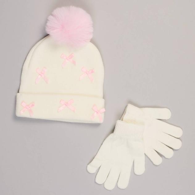 Girls Capelli® New York Satin Bows Pom Beanie W/ Gloves Set
