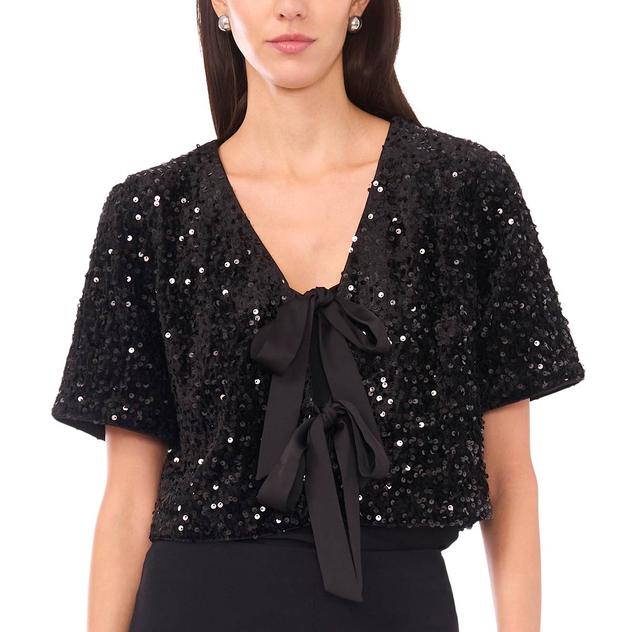 Womens MSK Short Sleeve Velvet Sequin Tie Blouse