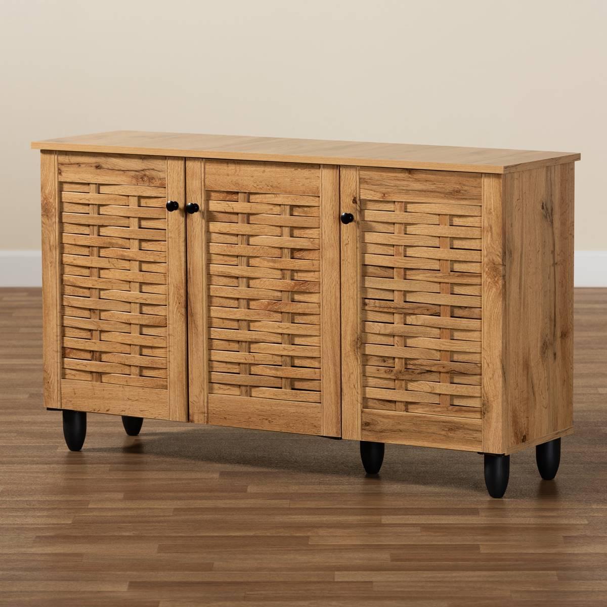 Baxton Studio Winda Oak Brown Wood 3-Door Shoe Cabinet